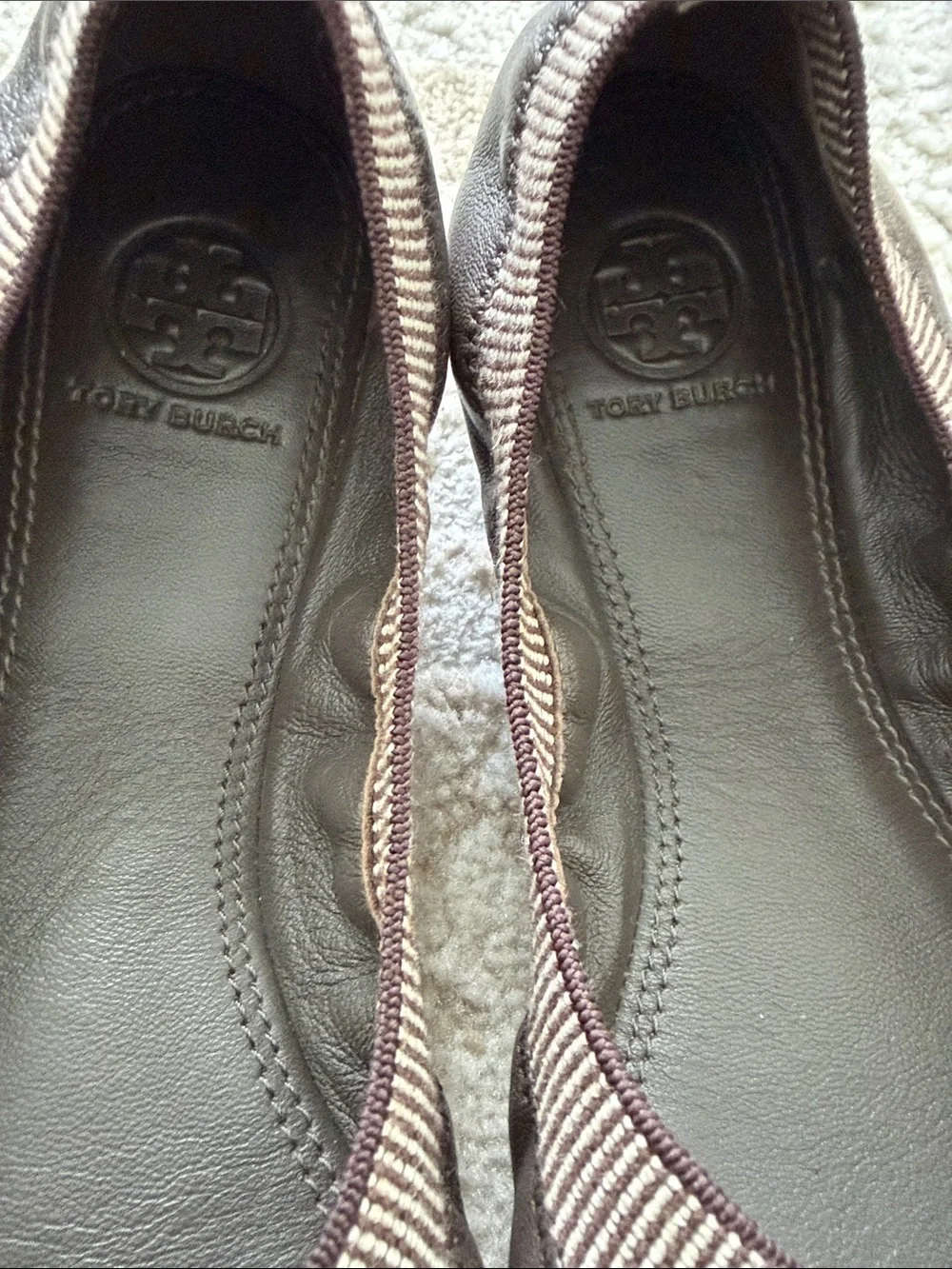 Tory Burch Brown Leather Ballet Flats with Gold Toe Caps